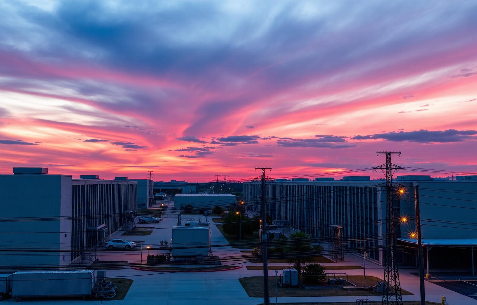 Data center campus in Texas at twilight with transmission infrastructure